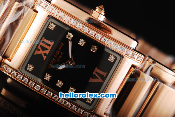 Patek Philippe Quartz Movement Full Diamond Bezel with Black Dial and Full Rose Gold--Lady size - Click Image to Close